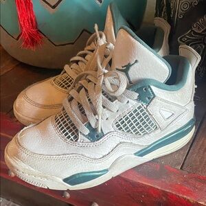 Kids Jordan White and Green Sneakers